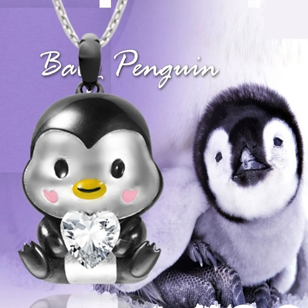 Baby Penguin Enamel with clear Crystal Heart Necklace